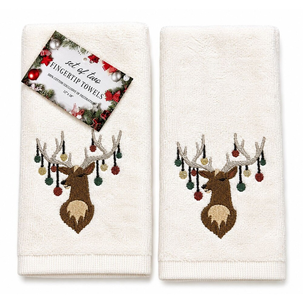 Christmas Fingertip Towels Reindeer Ornaments Embroidered Ivory Holiday Set of 2